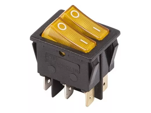 Выключатель клавишный 250V 15А (6с) ON-OFF желтый  с подсветкой  ДВОЙНОЙ  REXANT