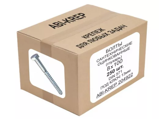 Болты сантехнические оцинкованные  8х100 DIN 571 (250шт) "ABI-KREP 204922" 7,74кг, Глухарь, 30,96г