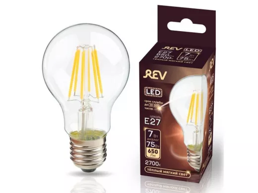 Светодиодная лампа  REV FILAMENT груша A60 E27 5W, 2700K, DECO Premium теплый свет