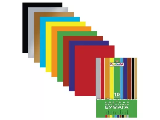 Цветная бумага А4 мелованная, 10 листов 10 цветов, в папке "BR-94311" "Creative", 195х280 мм
